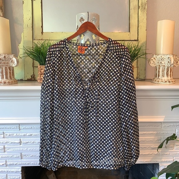 Tory Burch Polka Dot Silk Lace Up Semi Sheer Blouse Size 10 Navy - Picture 1 of 10